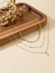 Shescity 1 Set de 3 Collares Colgantes de Circonita Cúbica Minimalistas y de Moda para Mujeres - Amarillo Oro - Ver 2