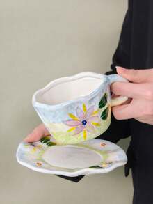 Bộ tách và đĩa sứ kiểu Ins Style họa tiết hoa tươi tắn, bộ tách và đĩa sứ vẽ hoa chuyển màu thủ công, tách cà phê sứ viền lượn sóng bất đối xứng, bộ tách và đĩa sứ trà chiều nữ tính. - Nhiều màu - Xem 8