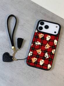 1pc Fashion New Black & Red Plaid Dog Pattern Litchi Texture Anti-Fall Anti-Slip Soft Phone Case + Heart Lanyard, Compatible With Apple, Phones - Multicolor - View 1