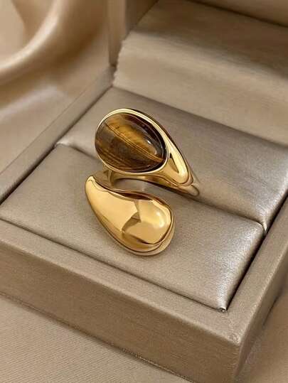 1 pieza Anillo de piedra de ojo de tigre de moda, joyería minimalista adecuada para uso diario y vacaciones, regalo ideal para el Día de San Valentín, días festivos, adecuado para jóvenes