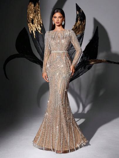 Elegant Fairy Spring Summer Sequins Evening Gown Women Party Beads Formal Dress For Charity Prom, Galas, Red Carpet, High Society Dinners, Birthday Party, Graduation Prom Solid Color Long Sleeve Fishtail Dresses Wedding