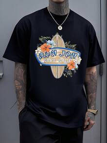 Tabla de surf rodeada de flores tropicales de colores vivos que transmiten la energía del océano y el espíritu aventurero de las playas paradisíacas camiseta de hombre cómoda y ligera ideal para actividades al aire libre - Negro - Ver 7