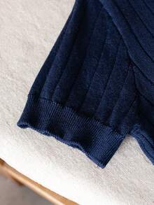 Boys' Solid Color Cable Knit Short Sleeve Half-Zip Lightweight Sweater, Suitable For School & Everyday Wear, Spring/Summer/Autumn - Navy Blue - View 4