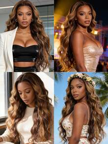 VIOLLY Tóc giả kiểu bob gợn sóng 14 inch, ren trong suốt HD 13x4, rẽ ngôi tự do từ tai đến tai, mật độ 200%, đường chân tóc liền mạch, tóc con đã được tỉa sẵn #P4/27, màu nâu ombre highlight vàng mật ong, tóc giả pha trộn tóc người dành cho nữ - SP4/27 - Xem 10