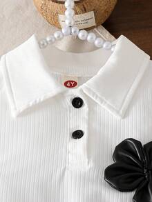 Toddler Girls' Fashionable Casual Cute Set, Floral Sleeveless Half-Open Collar Blouse + Bowknot Pleated PU Leather Skirt - White - View 4