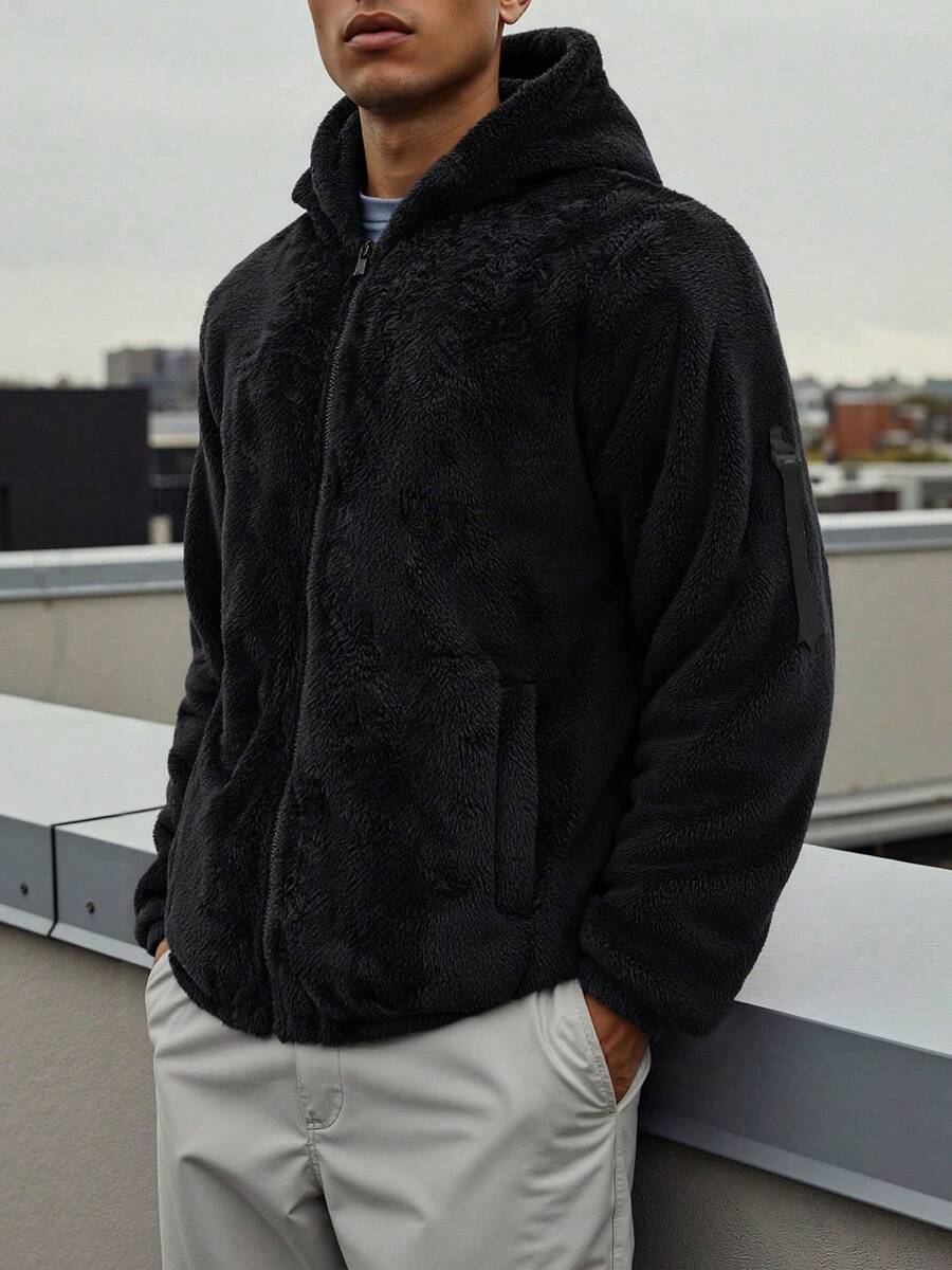 Men's Solid Color Minimalist Reversible Fleece Hooded Casual Zip-Up Jacket, Men's Autumn/Winter Double-Sided Sherpa Lined Warm Outer Jacket, Lightweight Warm Zip-Up Hoodie Suitable For Outdoor Sports, Casual Street Style, Travel And Cold Weather Protection - 黑色 - 查看 1