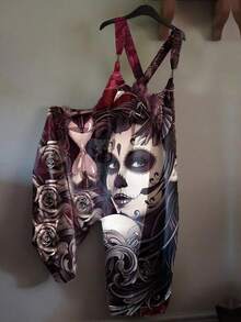 Women's Gothic Skull Print Overalls, Dark Style Adjustable Strap Casual Jumpsuit With Rose &  Details - 綠色 - 查看 1