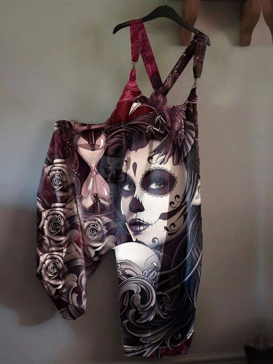 Women's Gothic Skull Print Overalls, Dark Style Adjustable Strap Casual Jumpsuit With Rose & Details - 綠色 - 查看 1