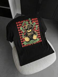 FRACTYR Men's Casual Street Fashion Loose Fit Round Neck Graphic Tee, Summer - Black - View 1