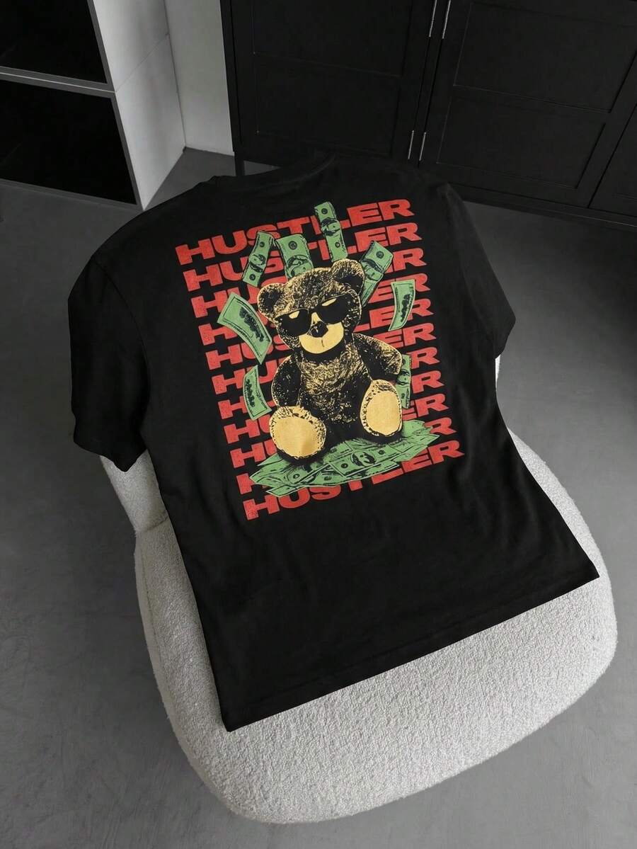 FRACTYR Men's Casual Street Fashion Loose Fit Round Neck Graphic Tee, Summer - Black - View 1