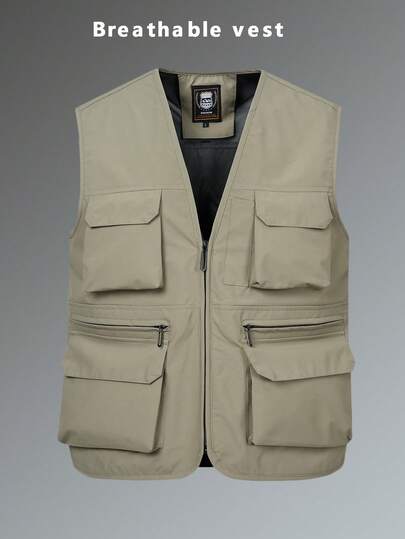 1 chiếc áo vest nam kiểu dáng tiện dụng, cỡ lớn, phong cách thường ngày, nhiều túi, không tay, thích hợp cho mùa xuân/thu/hè.