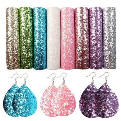 8 piezas Juego de tela sintética de cuero ecológico de unicolor con brillo y purpurina gruesa en tamaño A5 para manualidades DIY como aretes, lazos para el cabello y proyectos artesanales