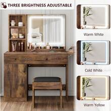 Escritorio de maquillaje modern con espejo y luces LED mesa de vanidad con cajón toma de corriente silla con almacenamiento 3 estantes dormitorio - Marrón - Ver 5