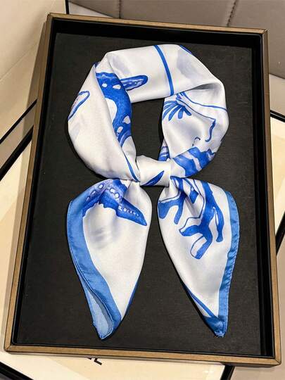 1条65*65厘米方形丝巾，女士缎面仿丝夏季沙滩清新优雅贝壳印花，多功能，可作领巾、头巾、披肩。