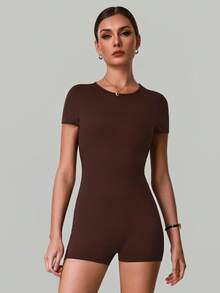 Women's Summer Short Sleeve Open Back Unitard Bodycon Workout Jumpsuit Scoop Neck Hollow-Out Backless Yoga Romper For Yoga Gym Dance Athletic - Coffee Brown - View 5