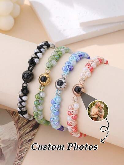 1pc Customized Photo Projection Bracelet, New Woven Beaded Bracelet, Handmade Colorful Woven Bracelet, Stainless Steel Colorful Couples Bracelet, Memorial Accessory, Suitable For Men, Women, Couples, Families, Carrying Photo Memories, Personalized Holiday Gift, Daily Wear, Applicable For Prom, Middle School, High School, College Freshmen, Sophomores, Lower Grade Students, Fashionable Autumn, Exquisite Romantic