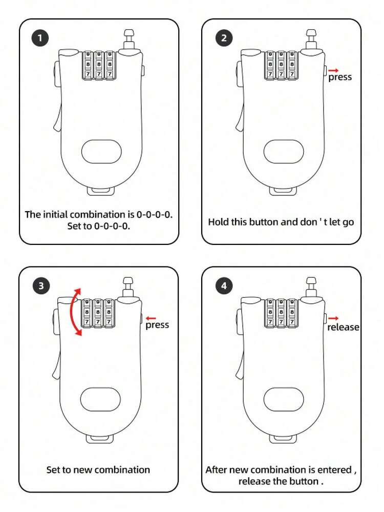 Wire Rope 3-Digit Password Lock - Heavy-Duty Telescopic Stainless Steel Wire Rope Padlock, Dubbed With Cherry Soft Rubber Pattern; Suitable For Luggage, Suitcases, Backpacks, Scooters, Helmets, And Bicycle Safety; Anti Theft Travel And Gym Locker Locks, Rust Proof Portable Password Cable Locks; Easily Reset Code; Very Suitable For Travelers, Students, Commuters, And Outdoor Enthusiasts At Airports, Hotels, Campsites, Offices, And Schools. - Multicolor - View 9