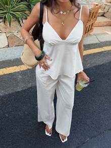 PoPoHouse Women's Elegant Cotton Two Pieces Set Sexy Backless Spaghetti Strap Cami Top & Loose Wide-Leg Pants Suit Summer Daily Casual Beach Vacation Party Going Out Outfit White Suit Women - White - View 7