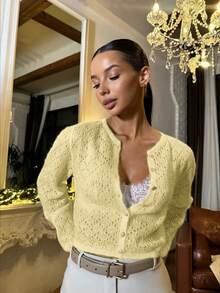 Áo khoác cardigan dài tay nữ màu trơn, cài một hàng cúc, kiểu dáng thường ngày đa năng, phù hợp cho mùa hè, mùa thu, kỳ nghỉ, đi biển, dự tiệc, mùa xuân. - Màu vàng ngỗng - Xem 3