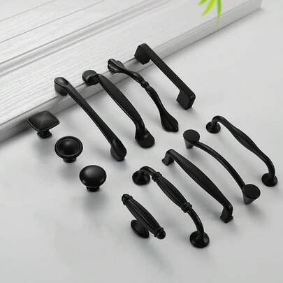 1个哑光黑色橱柜抽屉拉手，铝合金旋钮和握柄，经久耐用，易于安装，适用于厨房、浴室、书桌等家具抽屉。