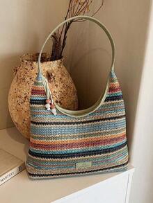 Women Fashion Casual Colorful Striped Straw Shoulder Bag Lightweight Large Capacity For Summer Beach Vacation Daily Use - Nhiều màu - Xem 1