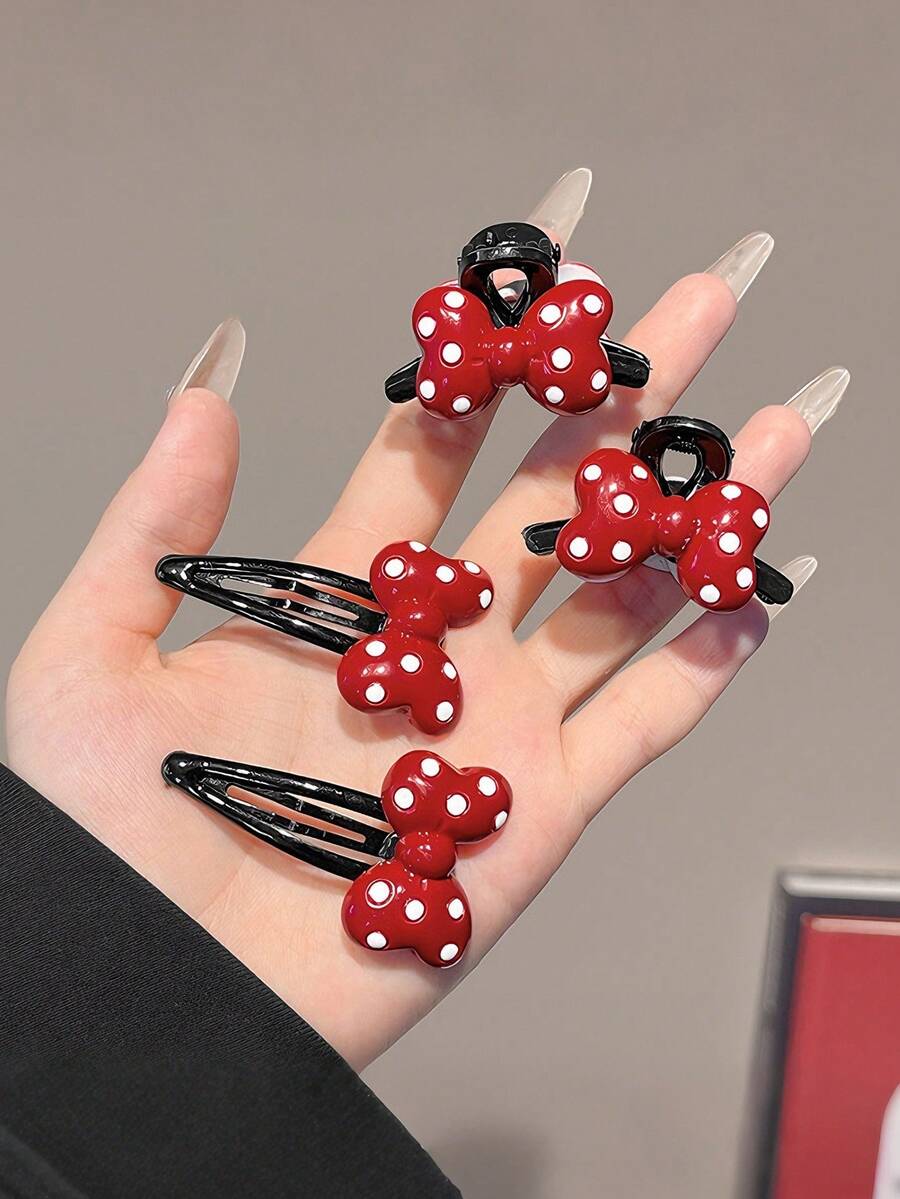 2/4/6pcs Set Red Polka Dot Bow Clip Bangs Hairpin, Cute Duck Clip Suitable For Daily, Festival, Party, Date, Outing - Multicolor - View 1