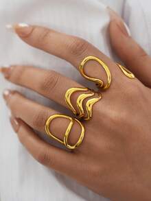 Frminee 3pcs/1pc Minimalist 18K Gold-Plated Stainless Steel Ring Set, Waterproof And Stylish Rings, Stackable Statement Jewelry, Western Jewelry, Suitable For Everyday Wear, And A Holiday Gift. - Multicolor - View 1