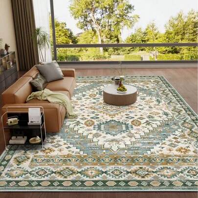 GEL HUT MUN 1pc Bohemian Vintage Area Rug - Machine Washable Non-Slip Super Soft Fiber Mat With Teal And White Geometric Pattern, Lightweight PVC Backing, Suitable For Living Room, Bedroom, Office, Large Size Up To 2.16 Sq.M, Holiday Gift For Halloween, Christmas, Easter, Living Room Carpet