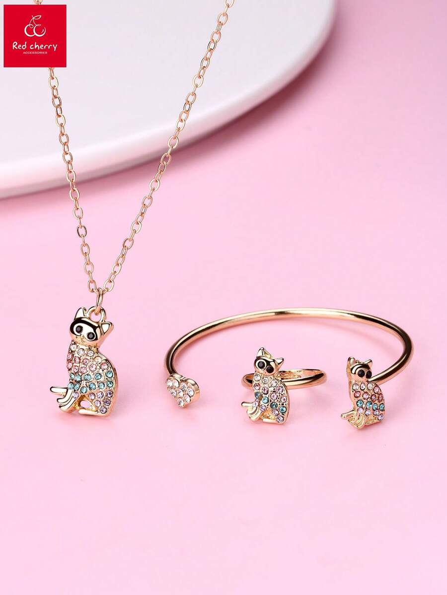 1条项链、1条手链、1枚戒指，彩色珐琅锌合金可爱猫咪首饰套装，适合日常佩戴，女孩款 - 彩色 - 查看 1