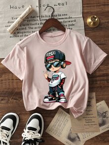 Áo thun ngắn tay cổ tròn in họa tiết dành cho bé trai tuổi teen, kiểu dáng thường ngày, thích hợp mặc mùa hè. - Hồng - Xem 2
