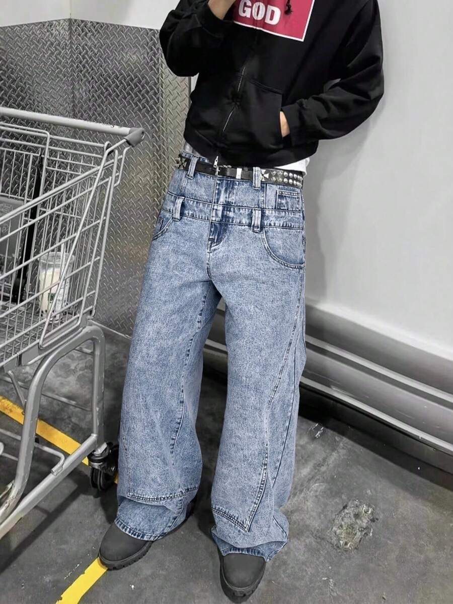 Grunge Goth Y2K Style Men's Casual Loose Versatile Double Waistband Jeans, Fashionable Personalized Street Wear, Suitable For Work, Commute, Stage Performance, Gathering With Friends, Outdoor Wear