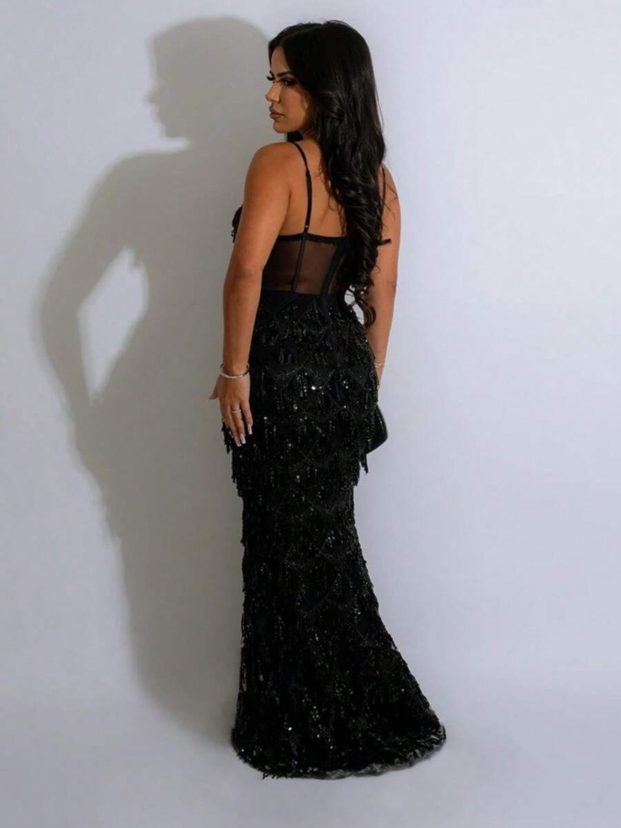 Temperament Fashion Sequined Party Dress, Fashion Suspender Hip A-Word Dress Dress - Black - View 1