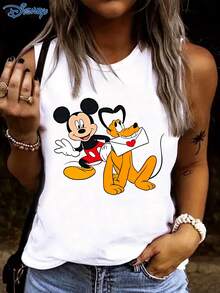 Disney 1件卡通老鼠印花休闲背心，女士夏季款 - 白色 - 查看 3