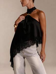 Áo sơ mi satin thanh lịch dành cho nữ, phù hợp cho công sở, thường ngày, kỳ nghỉ, tiệc trà chiều, lễ hội âm nhạc, những dịp lãng mạn. Thiết kế cúc kim loại, màu trơn, họa tiết ren phối không đối xứng/không đều, phù hợp cho mùa xuân/hè. Màu đen. - màu đen - Xem 5