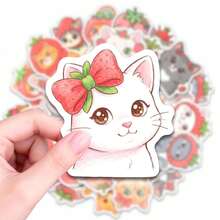 50 PCS Cute Strawberry Cat Stickers, Adorable Kitten Decals For Water Bottles Laptop Phone Case Skateboard Guitar Luggage Computer, Waterproof Vinyl Stickers For Teens Adults Students School Office DIY Crafts Decor, Cute Animal Themed Sticker Packs For Personalizing Belongings And Creative Projects - Multicolor - View 5