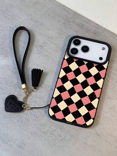 1pc Retro Fashion Personalized Plaid Sweet Pattern Waterproof Shockproof Anti-Slip High-Quality Litchi Texture Matte Soft Phone Case + Fashionable Heart-Shaped Faux Leather Lanyard Strap Bracelet, Suitable For IPhone, Great Gift For Friends, Family, Couples, Birthday, Holidays