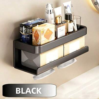 双层卫生纸架，纸巾架，带储物架，自粘式设计，边角光滑圆润。