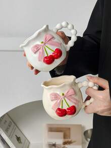 1件优质压花樱桃陶瓷杯，手绘蝴蝶结设计，粉色少女风，办公室咖啡杯，家用下午茶拿铁杯，果汁饮料杯，早餐牛奶杯，情侣水杯，节日礼物马克杯 - 彩色 - 查看 4
