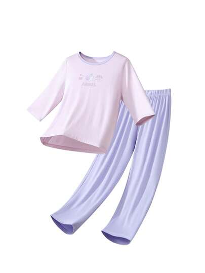 Annil Girls' Cloud-Feel Comfortable Three-Quarter Sleeve Home Wear Set, New Spring/Summer Style, Can Be Worn Out As Pajamas Or Sleepwear