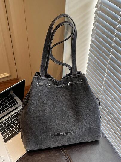 1pc Vintage Distressed Black Denim Tote Bag, Denim Fabric, Large Capacity, Drawstring Closure, Minimalist Retro Casual. Suitable For Students And Working Women For Daily Use, Shopping, And School