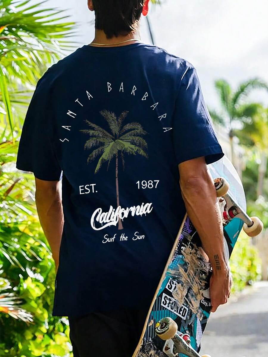 2025夏季新款男士椰子树字母印花圆领短袖T恤休闲度假衣服