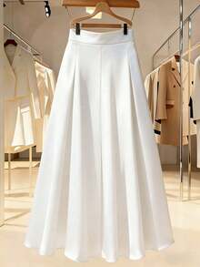 A Lady's A-Line, Long-Sleeved, Satin-Textured Semi-Sheath Skirt In An Elegant Taffeta Fabric, Off-White Color, Suitable For Casual Wear. - White - View 6
