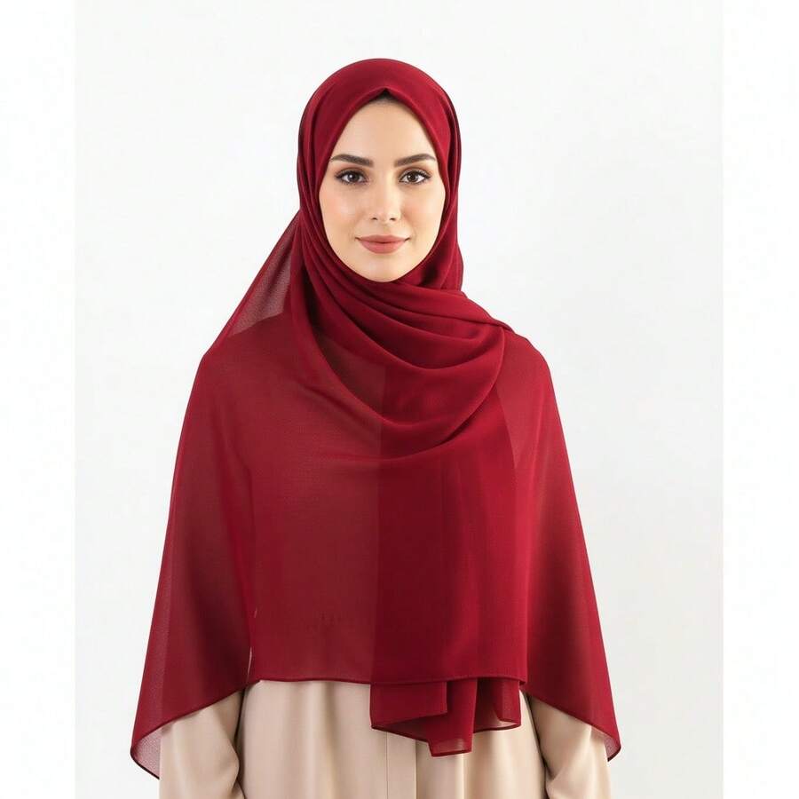 1 Stück Damen einfarbiger Chiffon Hijab, leicht und weich, für den täglichen Gebrauch, Strand, Urlaub, Reiseessentiell - Dunkelrot - Übersicht 1