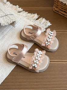 1 Pair Girls' Sweet Pearl Lace Sandals, Hook And Loop Soft Bottom Princess Style Children Shoes - Champagne - View 1
