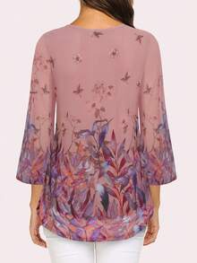 Women's Casual 3/4 Sleeve Floral Double-Layer Loose Pleated Mesh Blouse Vacation Spring - Coral Pink - View 3