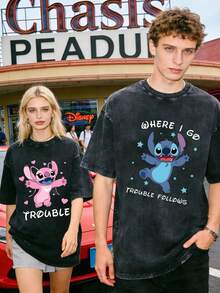 Disney Officially Licensed Graphic T Shirts 100 Percent Cotton  Shirt, Stitch & Angel Couple T-Shirt, Unisex, Washed 230g, Retro Vintage, Crew Neck Short Sleeve, Casual Daily Wear - 黑色 - 查看 1