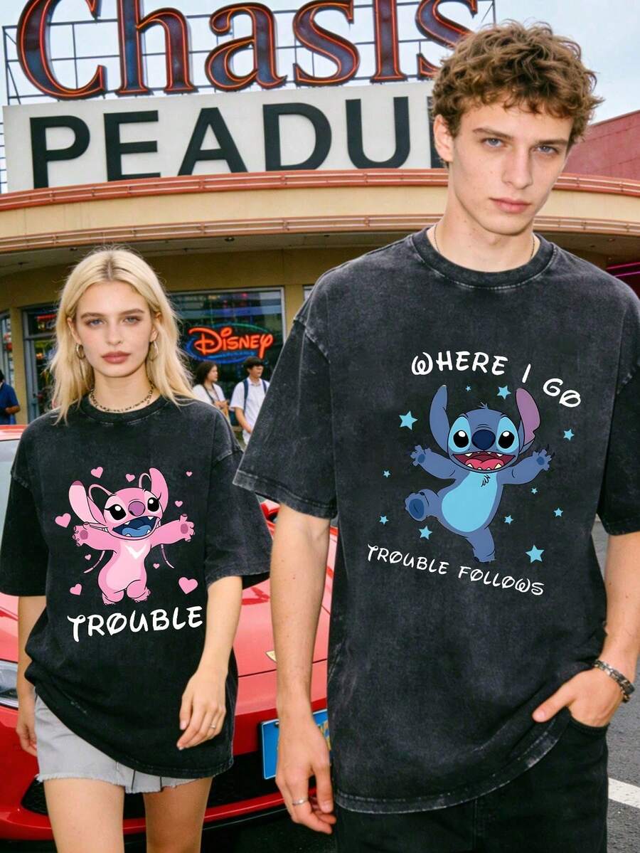 Disney Officially Licensed Graphic T Shirts 100 Percent Cotton  Shirt, Stitch & Angel Couple T-Shirt, Unisex, Washed 230g, Retro Vintage, Crew Neck Short Sleeve, Casual Daily Wear - 黑色 - 查看 1
