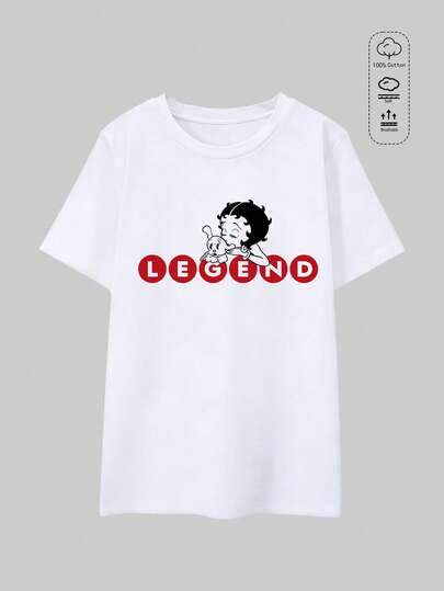 Elourie SHEIN X Betty Boop T-shirt ampia da donna a maniche corte con scollo rotondo in tinta unita, top in 100% cotone, con sfondo rosso e stampa di un cucciolo che si bacia in bianco "LEGEND", abbigliamento casual da donna primavera/estate, streetwear, vacanza, estate donna, donna, curve, ropa curvy mujer, sudadera mujer talla grande, amici, curve, vacanza, casual, ufficio/lounge/casa/sport all'aria aperta/stile retrò/semplice, design divertente, tutte le stagioni, motivo di film e anime, adolescenti, unisex, coppie, film retrò anni '80, retro anni '90/Y2K, vintage leggero, karnevalskostüm damen große großen, rebajas invierno mujer, festival