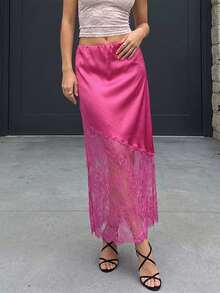 Women's Long Skirt Satin Lace Patchwork Design Stylish Solid Color High Waisted Skirt for Summer - Rosa Fucsia - Ver 5