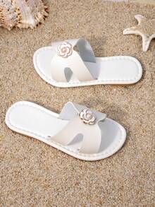 Girls' White Camellia & Pearl Embellished Slide Sandals, Elegant Open Toe Summer Shoes For Kids - White - View 7